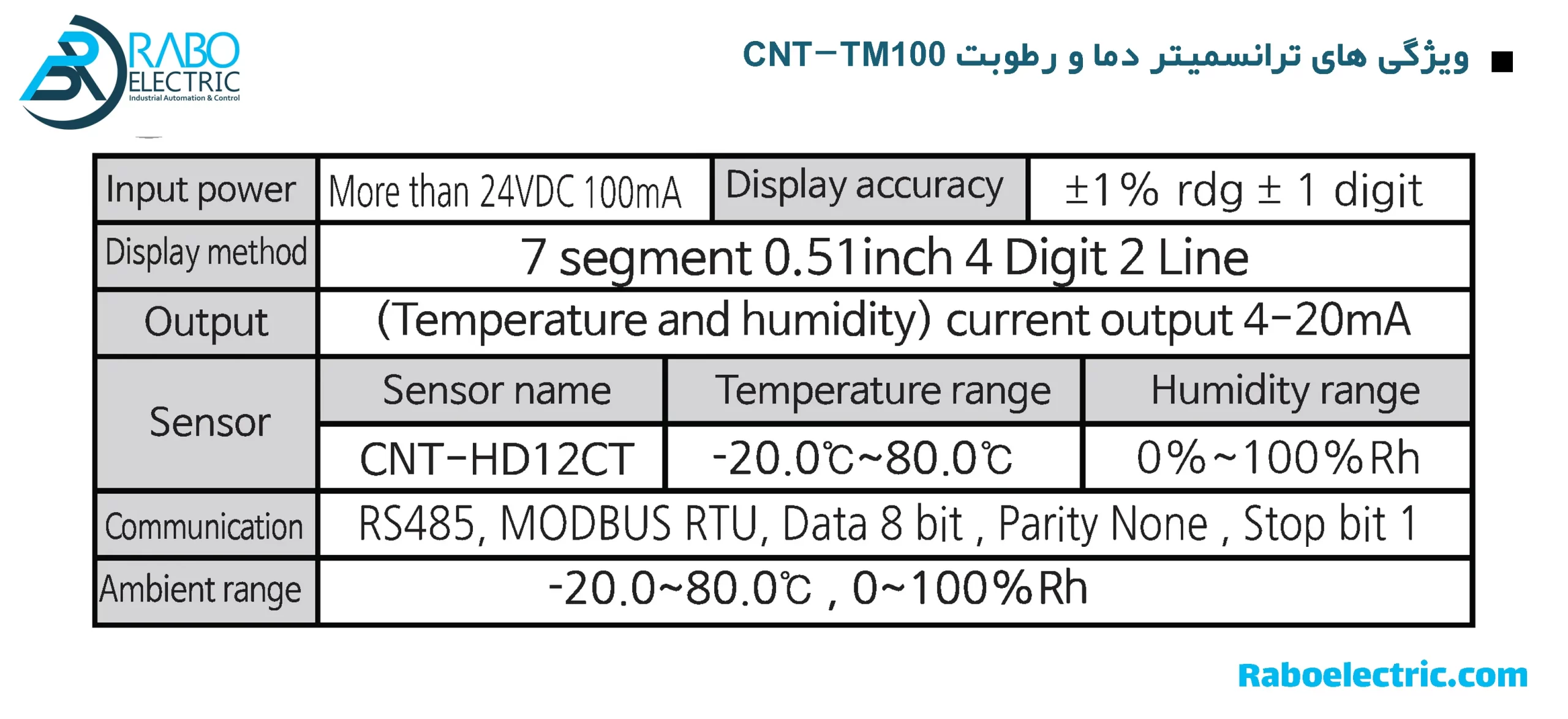 مشخصات نمایشگر و ترانسمیتر دما و رطوبت کنوتک مدل CNT-TM100