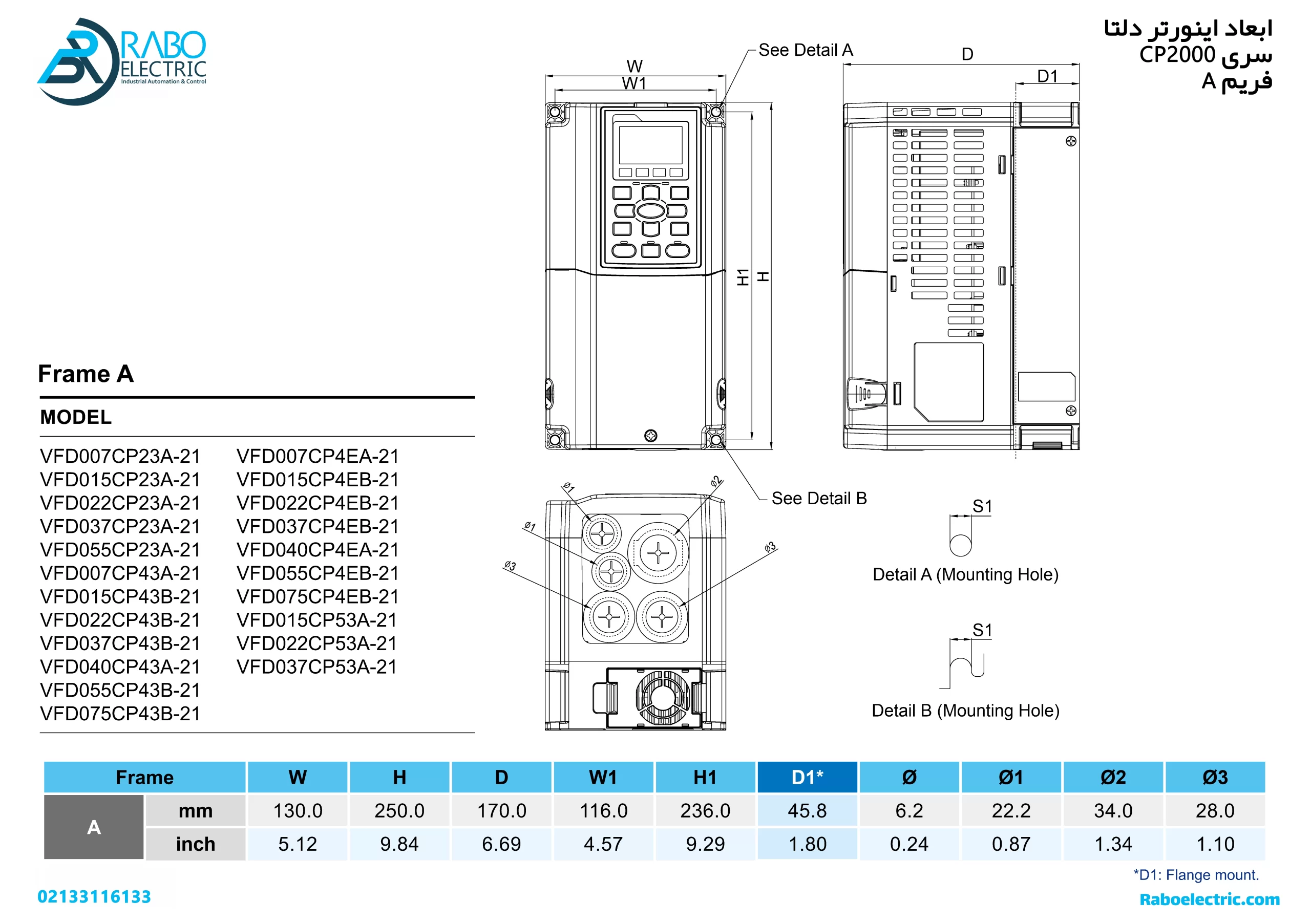ابعاد اینورتر دلتا 7.5KW سه فاز سری CP2000 فریم A