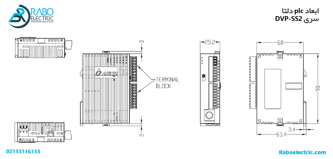 ابعاد PLC دلتا DVP12SS211S خروجی ترانزیستوری NPN