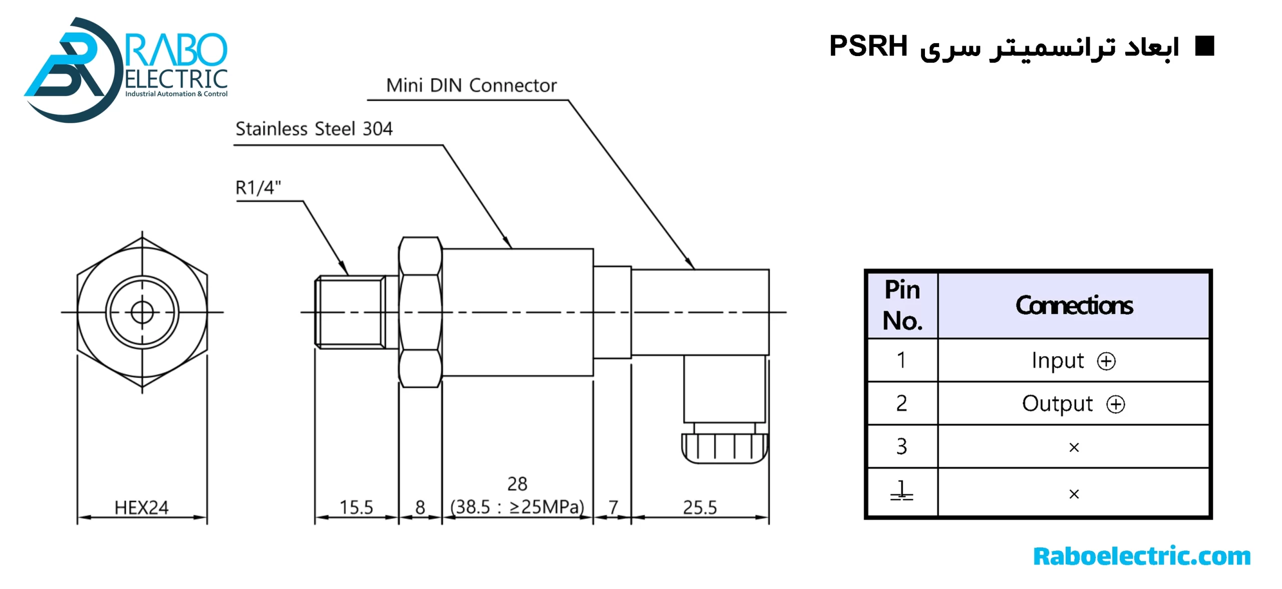 ابعاد ترانسمیتر فشار 3.5 بار جریانی سنسیس سری PSR