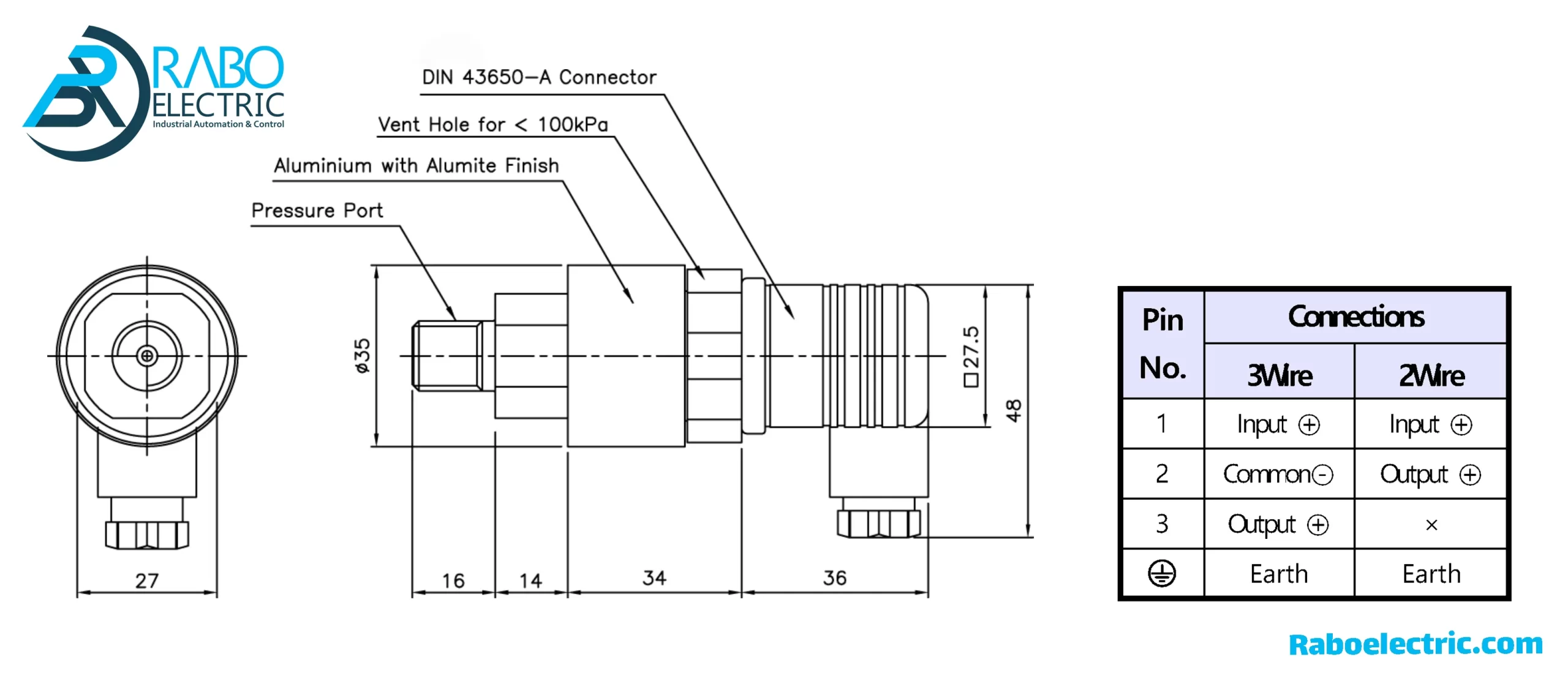 ابعاد ترانسمیتر فشار 1~1- بار کامپوند سنسیس سری PTC