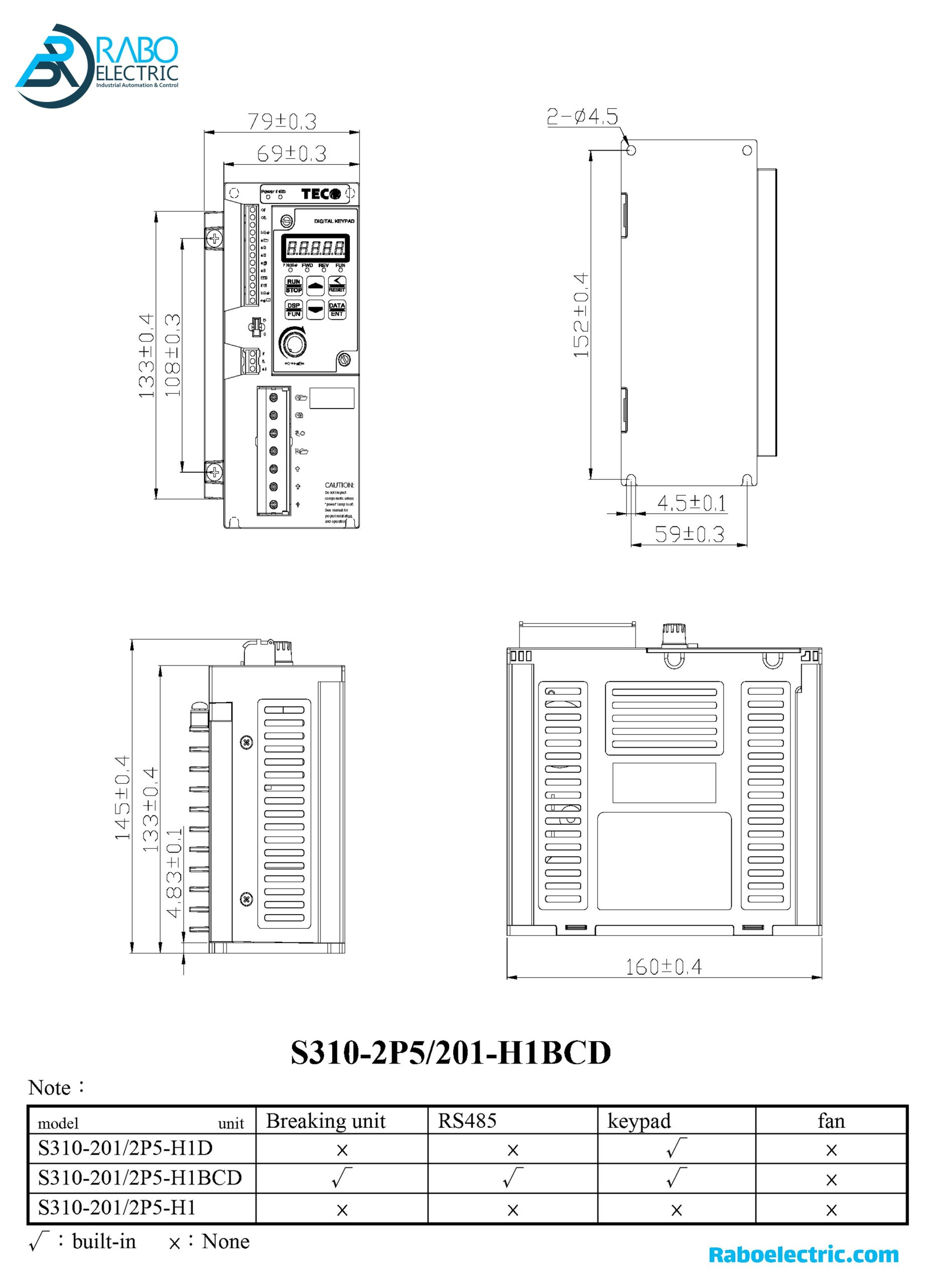 Teco Inverter S310 Series 2P5/201 H1BCD Fram Size 1