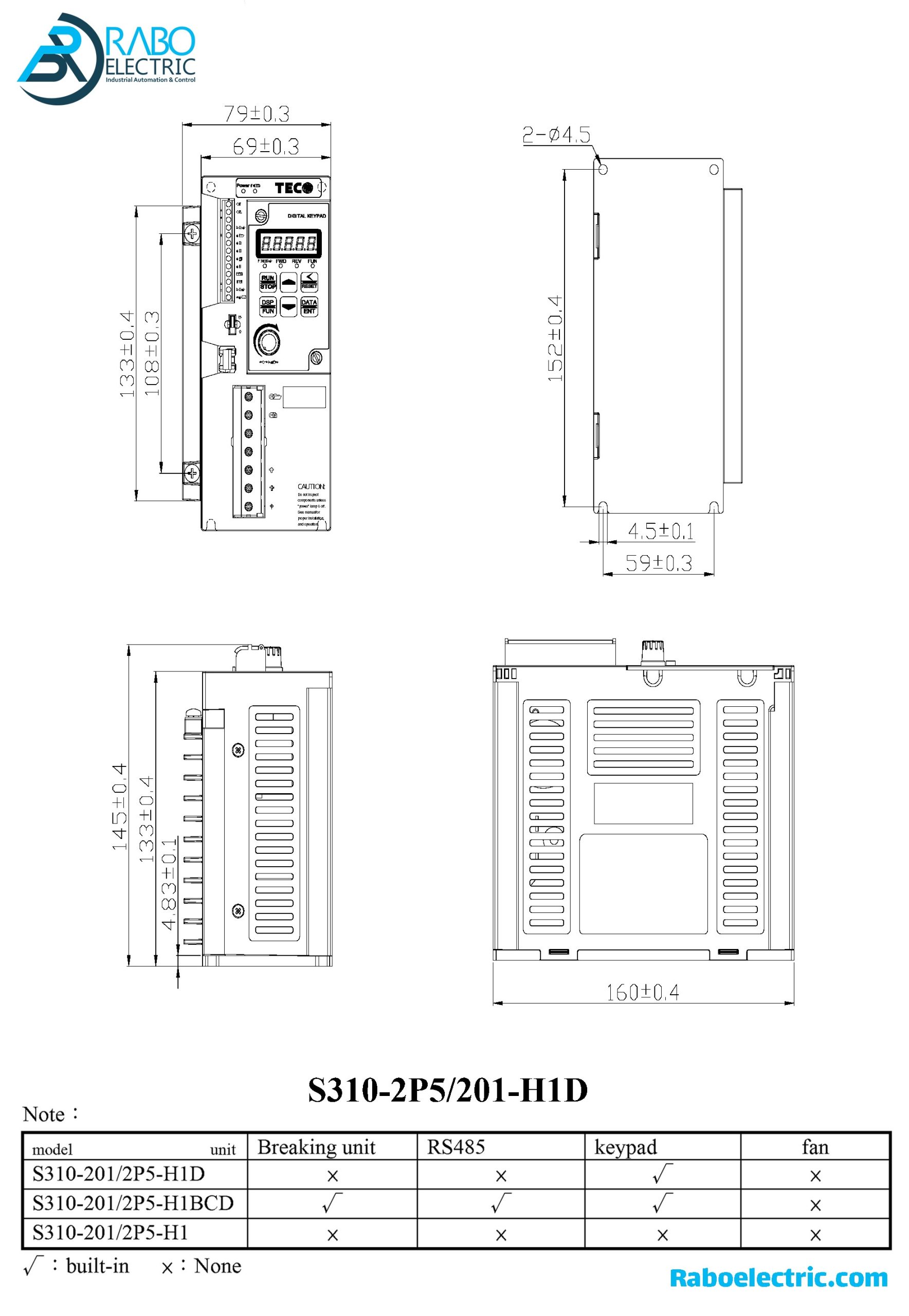 Teco Inverter S310 Series 2P5/201 H1D Fram Size 1