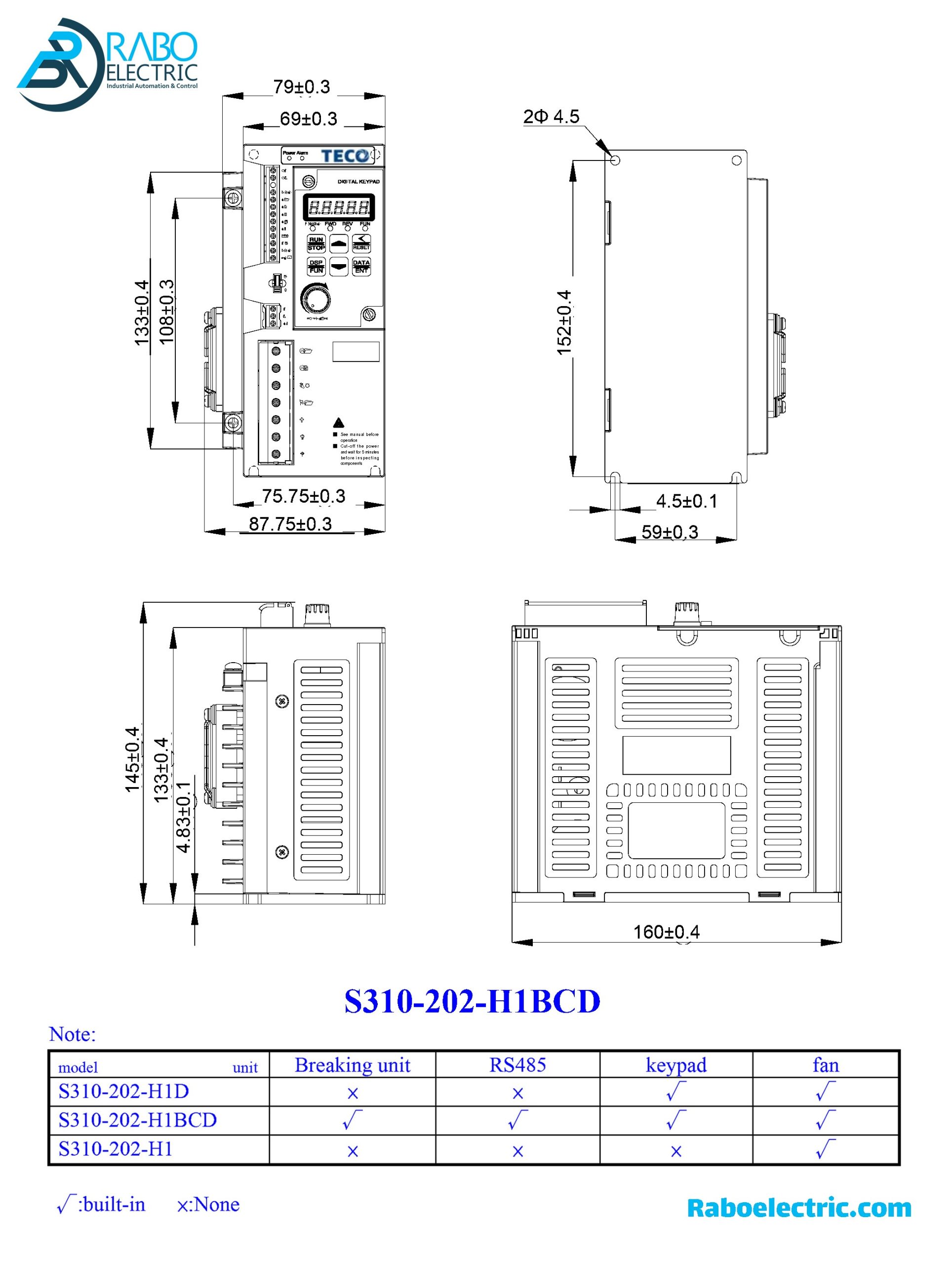 Teco Inverter S310 Series 2P5/201 H1BCD Fram Size 1