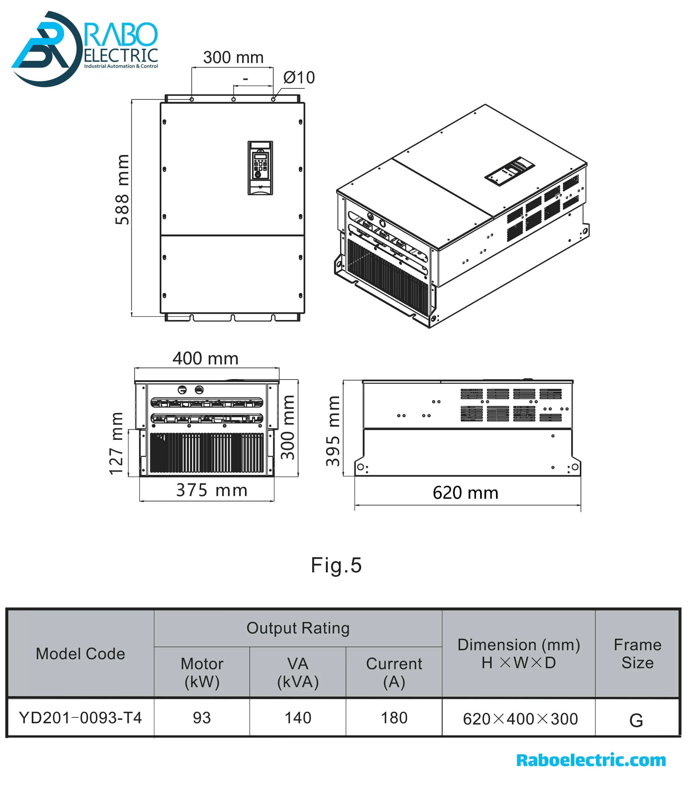 ابعاد فریم ابنورتر 90 کیلو وات یولیکو سری YD201 مدل های ,YD201-0093-T4
