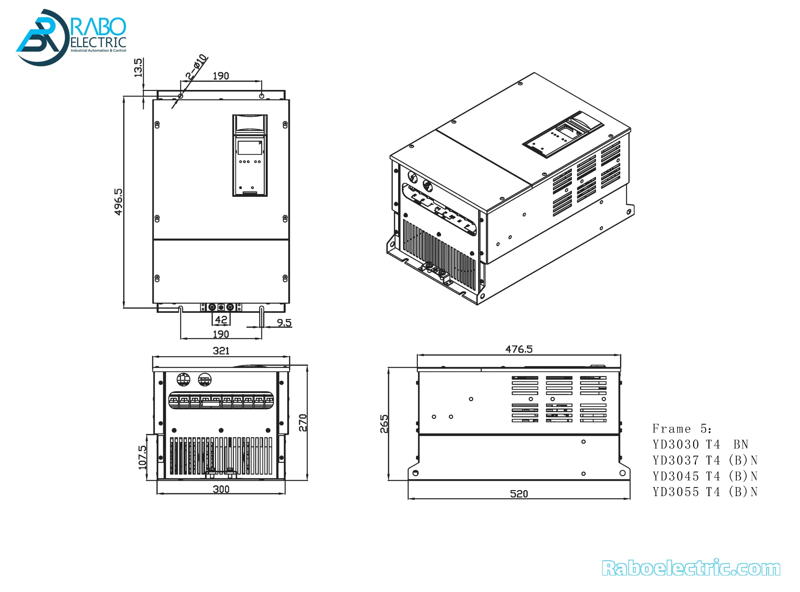 yolico inverter frame size model YD3030T4NB YD3037T4NB, YD3045T4NB YD3055T4NB