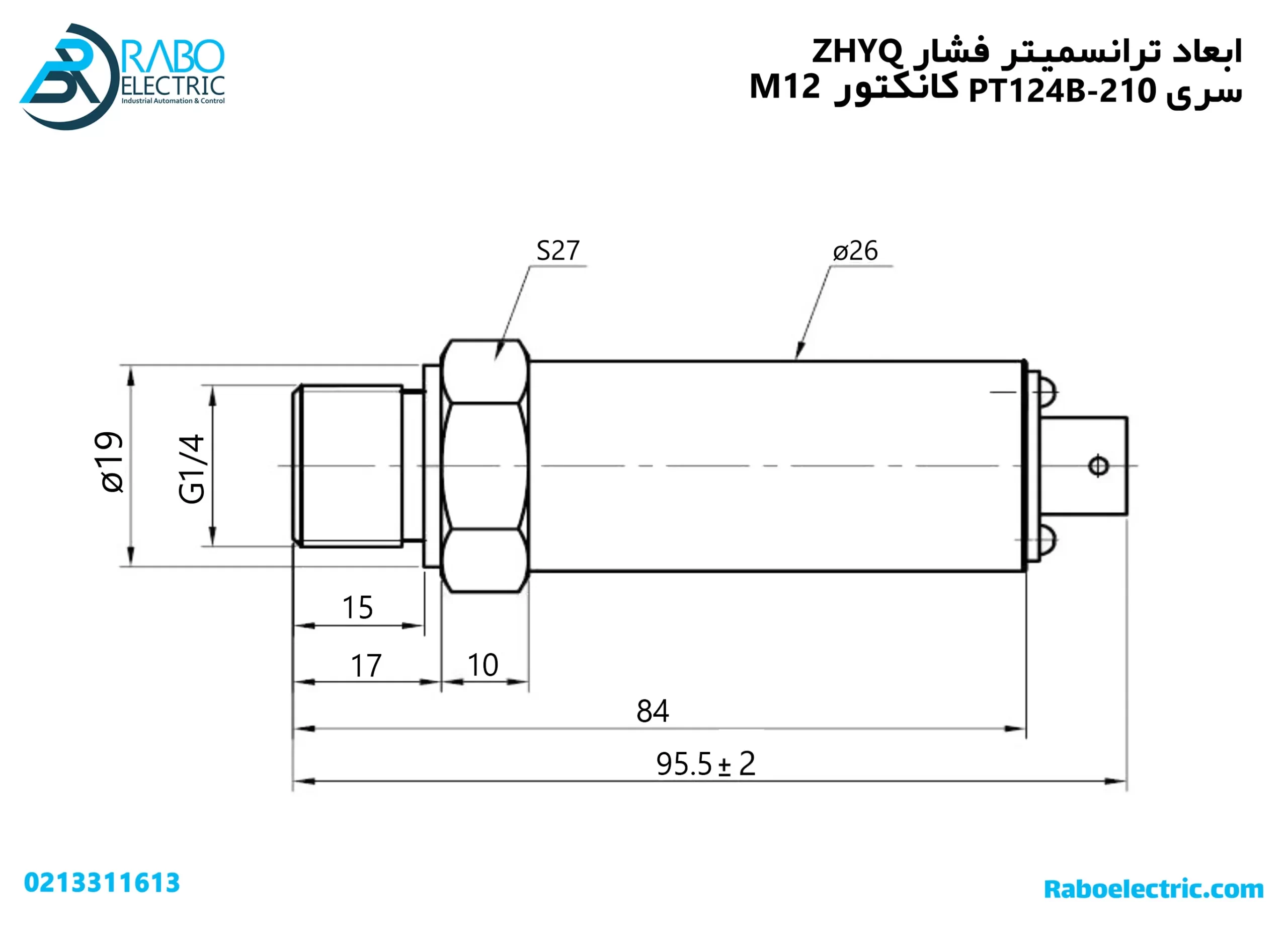 ابعاد ترانسمیتر فشار 0 تا 600 بار ZHYQ سری PT124B-210 با کانکتور M12
