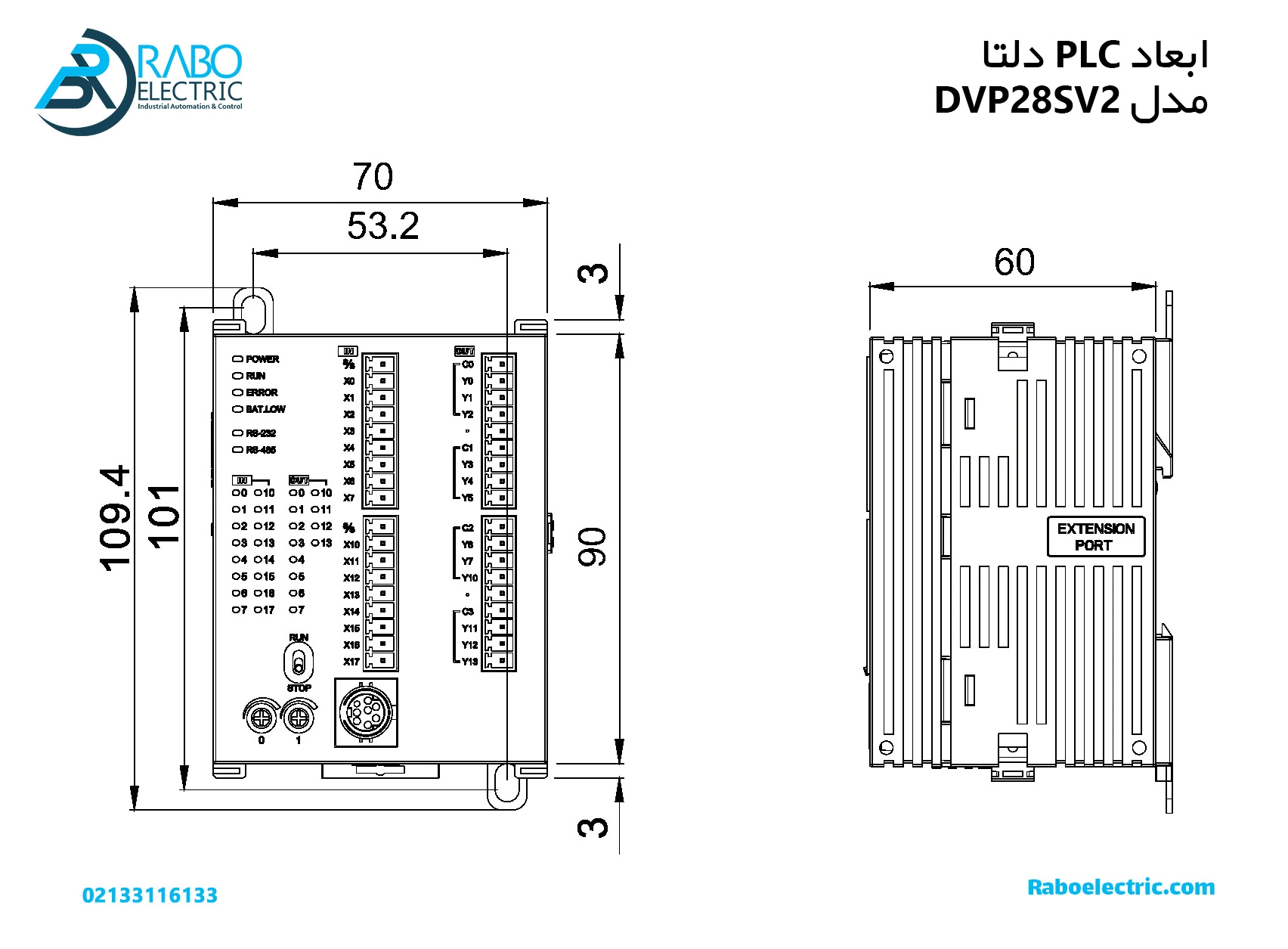 ابعاد PLC دلتا DVP28SV2