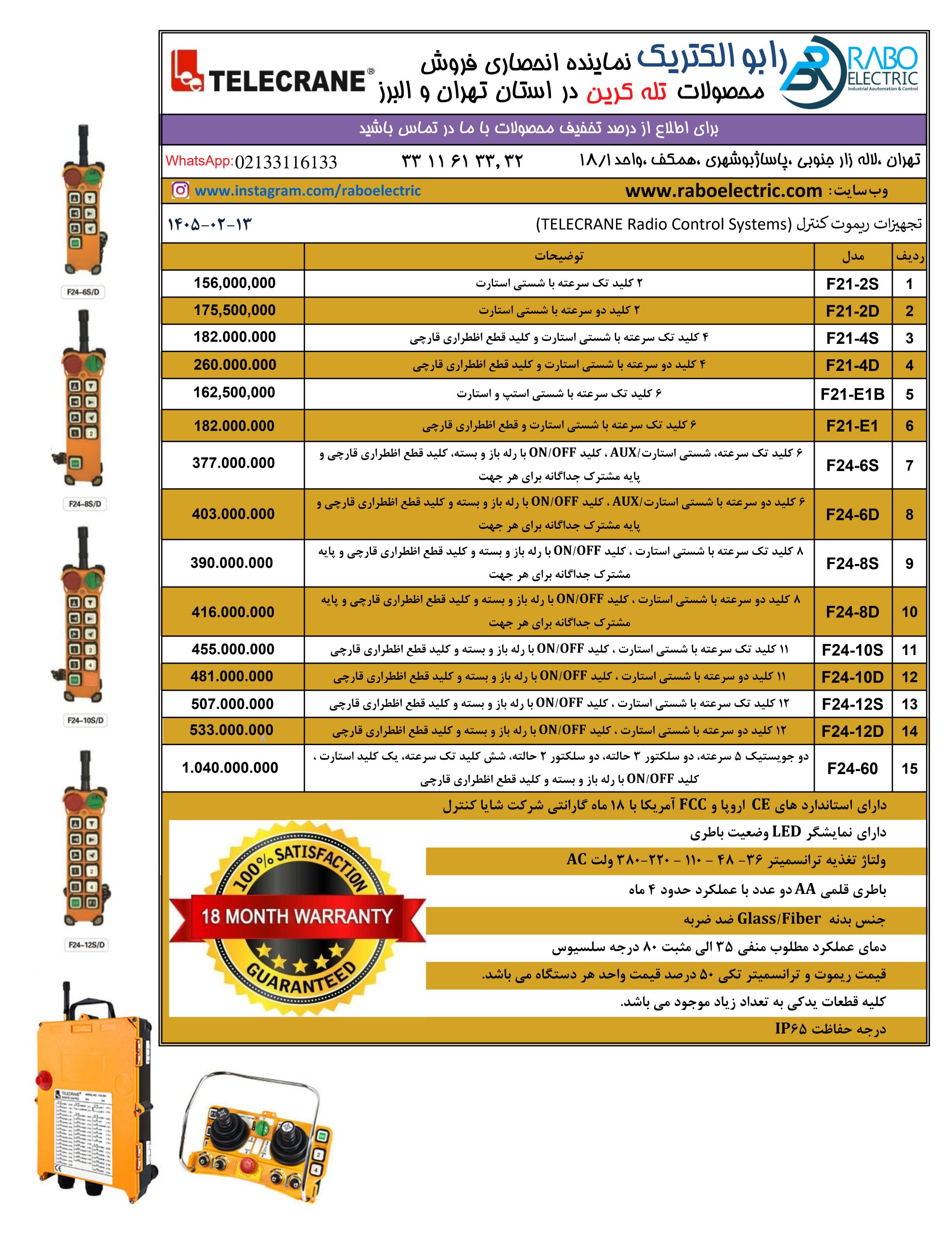 لیست قیمت ریموت جرثقیل تله کرین Telecrane اردیبهشت 1405