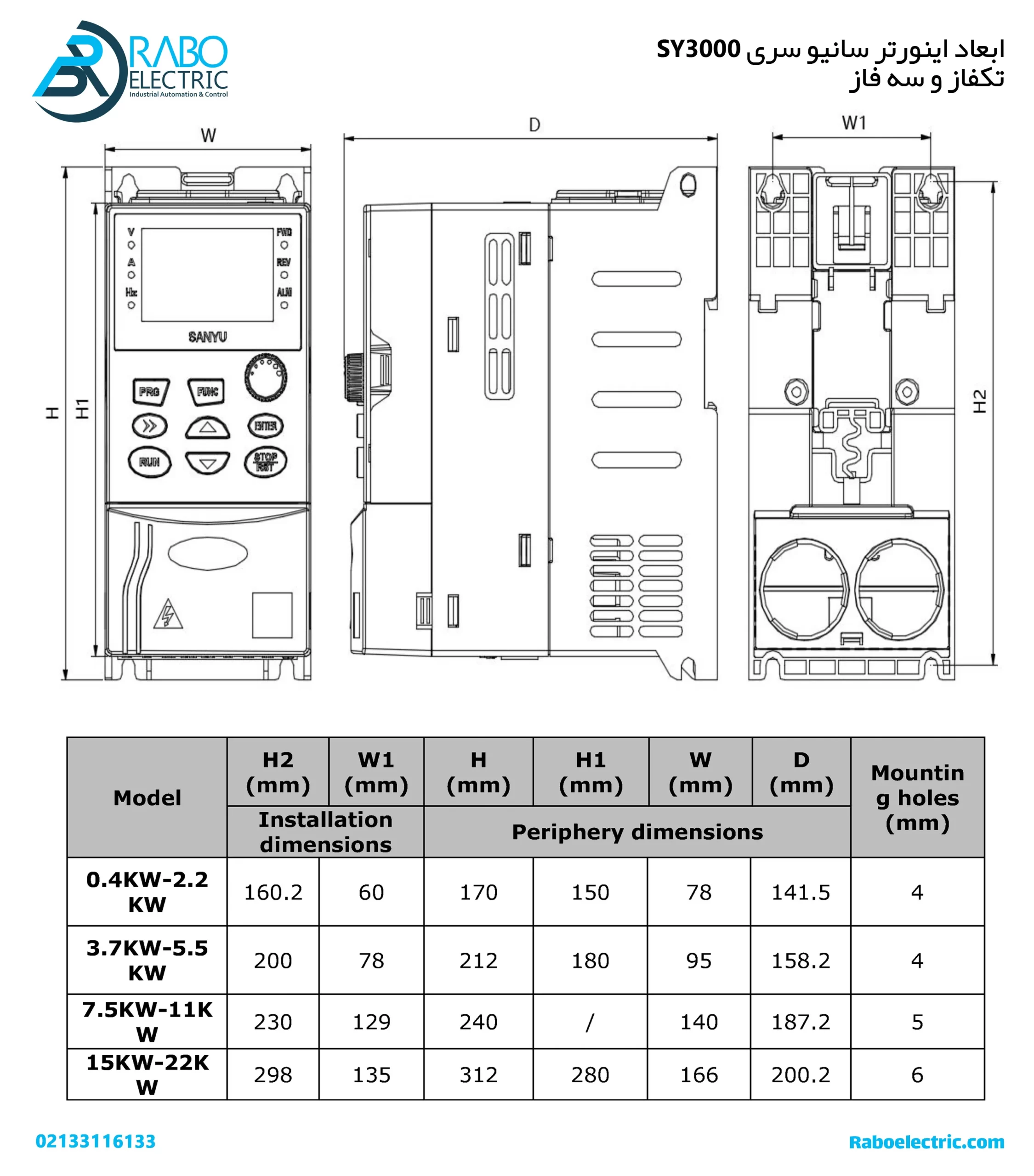 ابعاد اینورتر 0.4KW تکفاز SY3000 سانیو 0.5HP