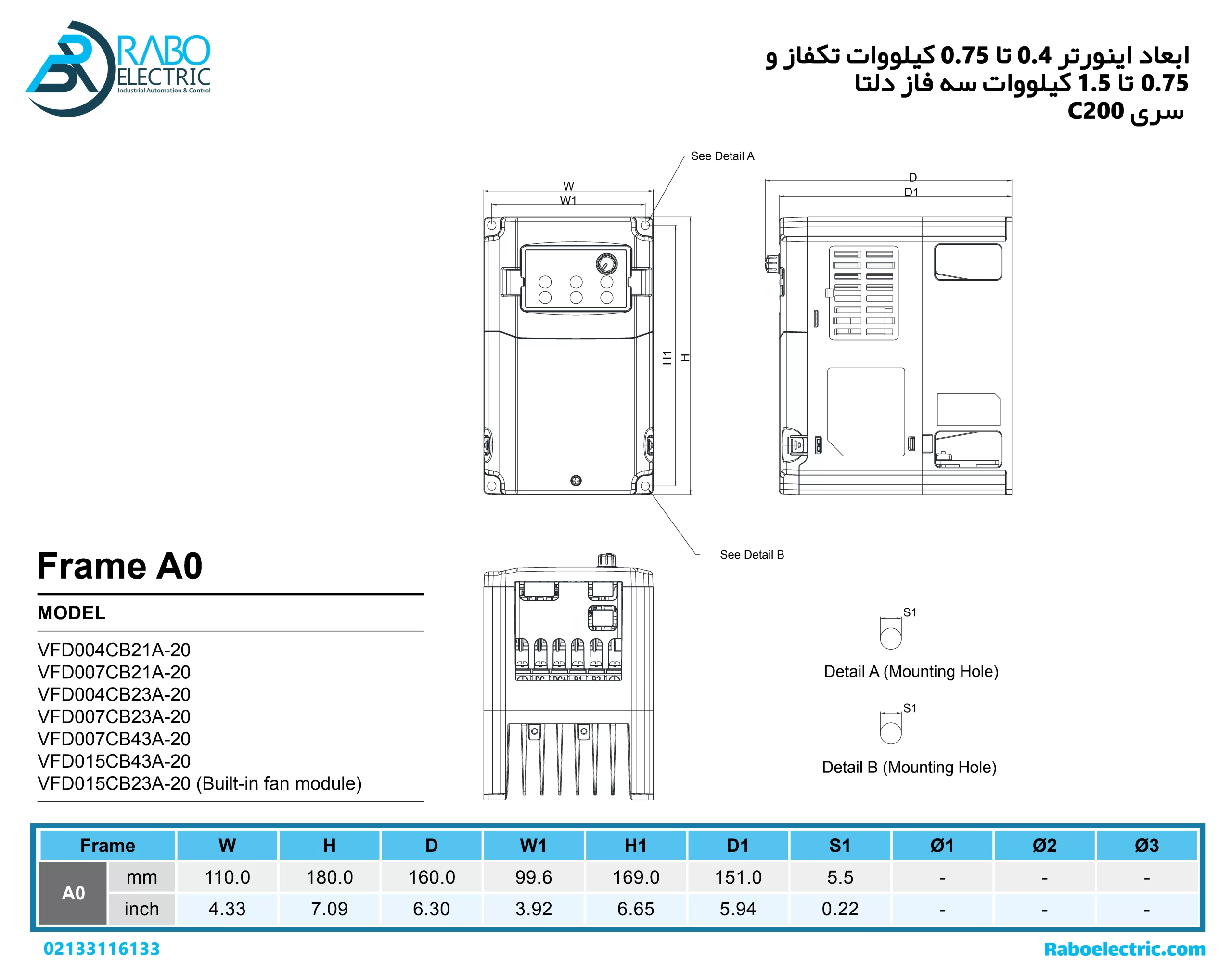 ابعاد اینورتر دلتا 0.75KW سه فاز سری C200 فریم A0