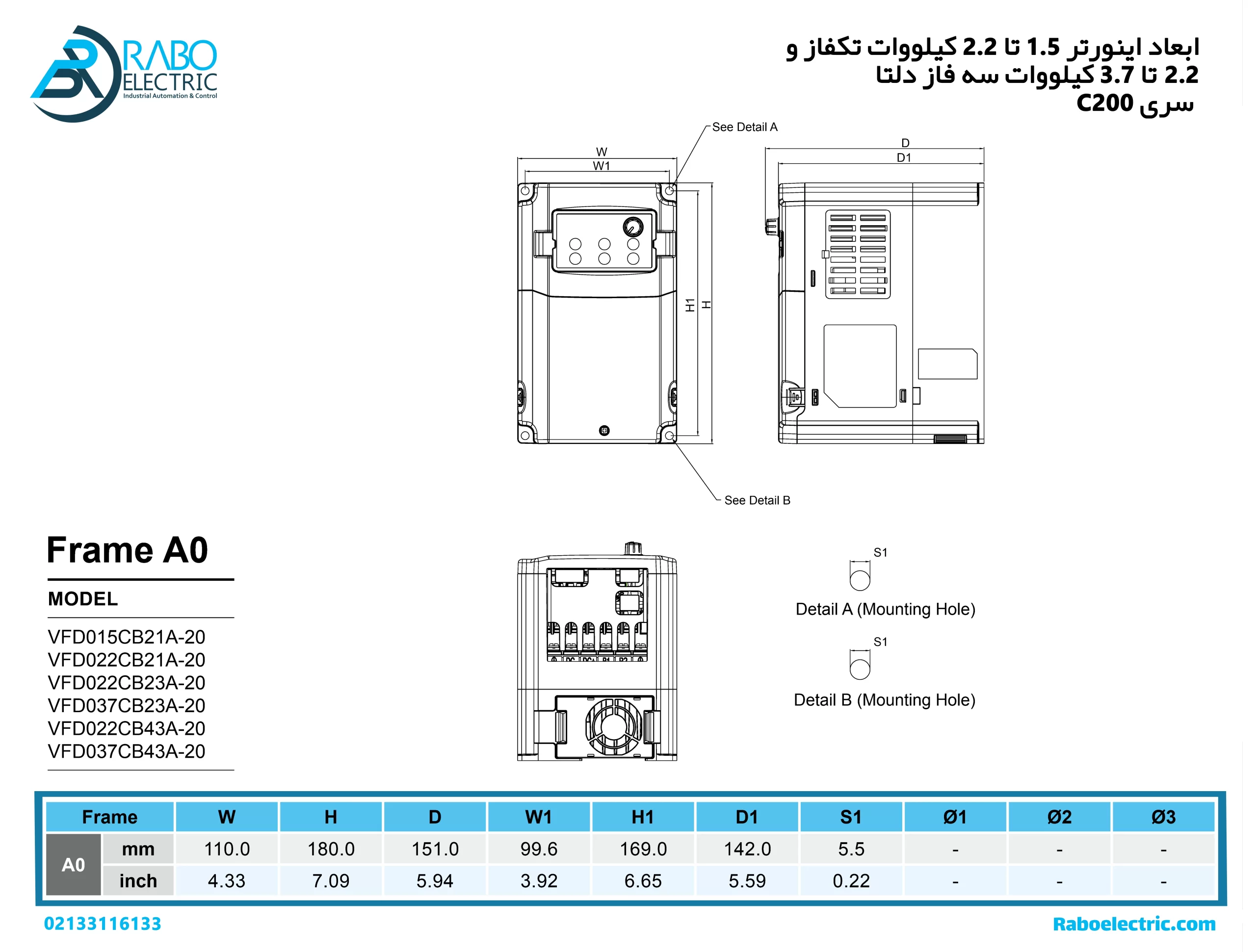 ابعاد اینورتر دلتا 2.2KW تکفاز سری C200 فریم A0