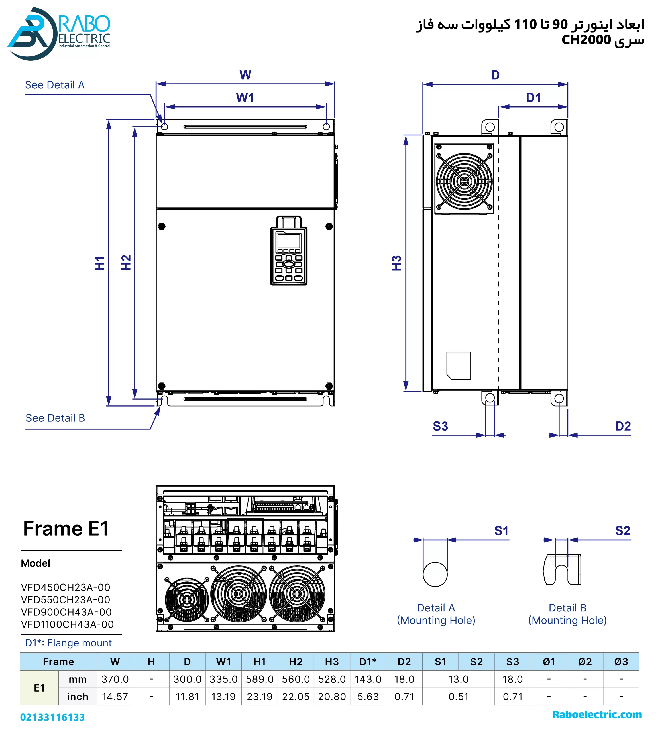 ابعاد اینورتر 90KW سه فاز دلتا سری CH2000 با فریم E1